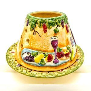 EUC*WINE & FRUIT DECORATED*TWO PIECE CERAMIC CANDLE HOLDER SET